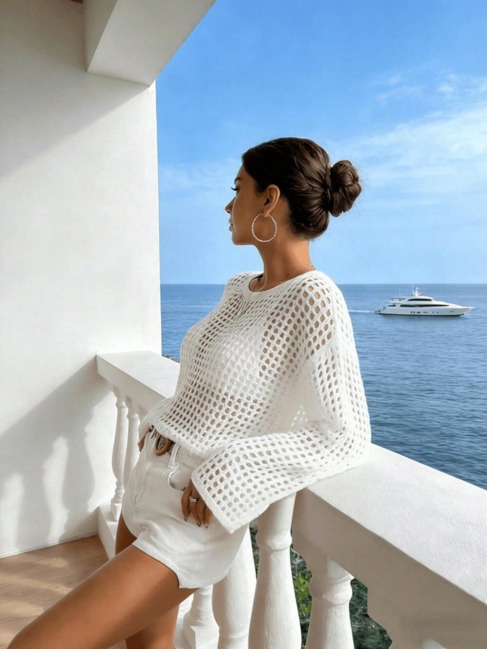 White Casual Women's Vacation Beach Hollow-Out Knit Sweater - Picture 5 of 6